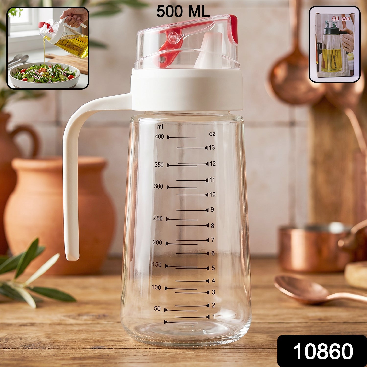 500ml glass oil dispenser with auto-flip cap and measuring markings, ideal for salad dressings and cooking oils