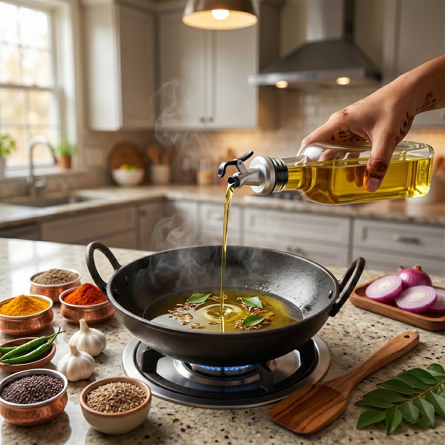 Pouring oil from glass dispenser into pan for cooking