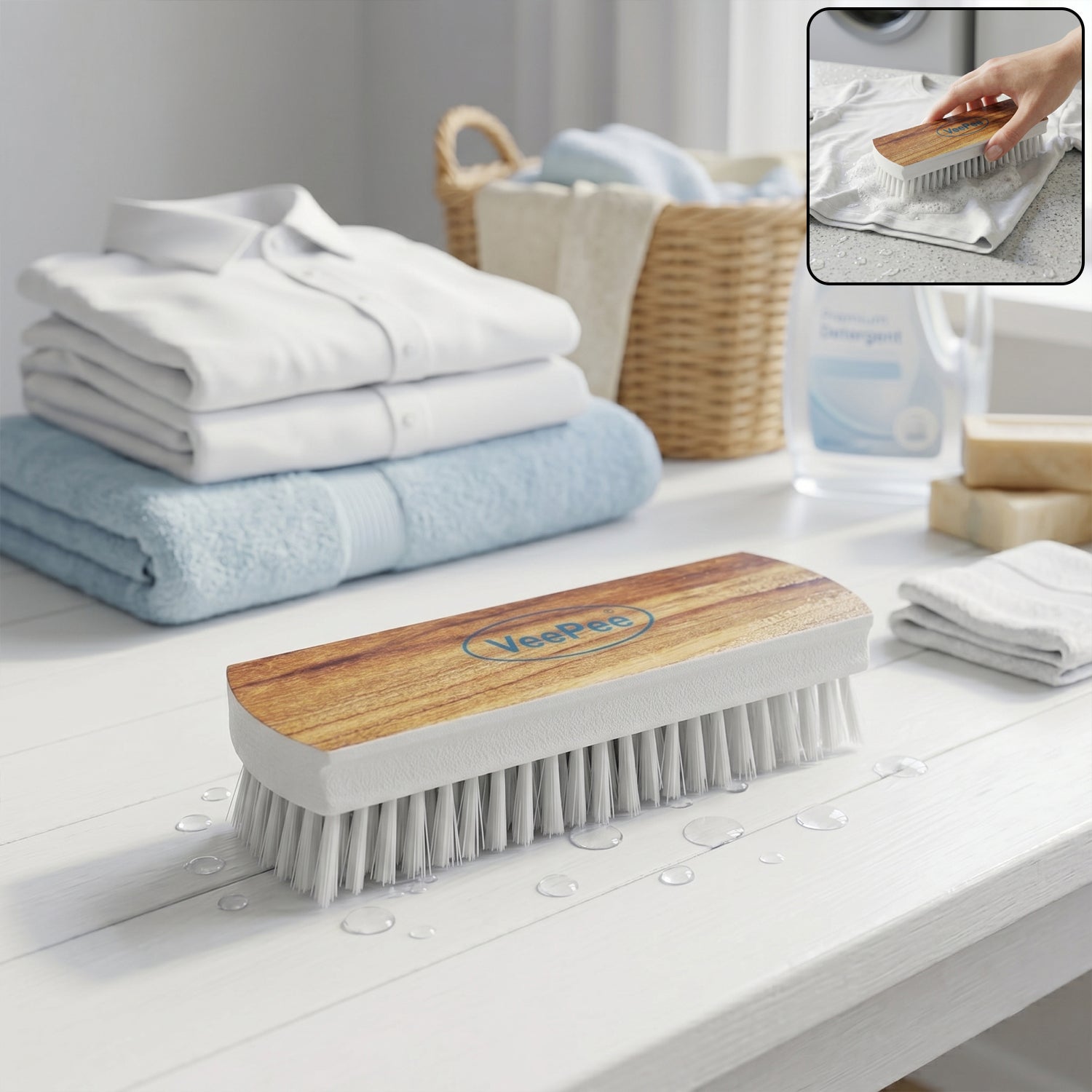 Cloth washing and cleaning scrub brush with ergonomic wooden handle
