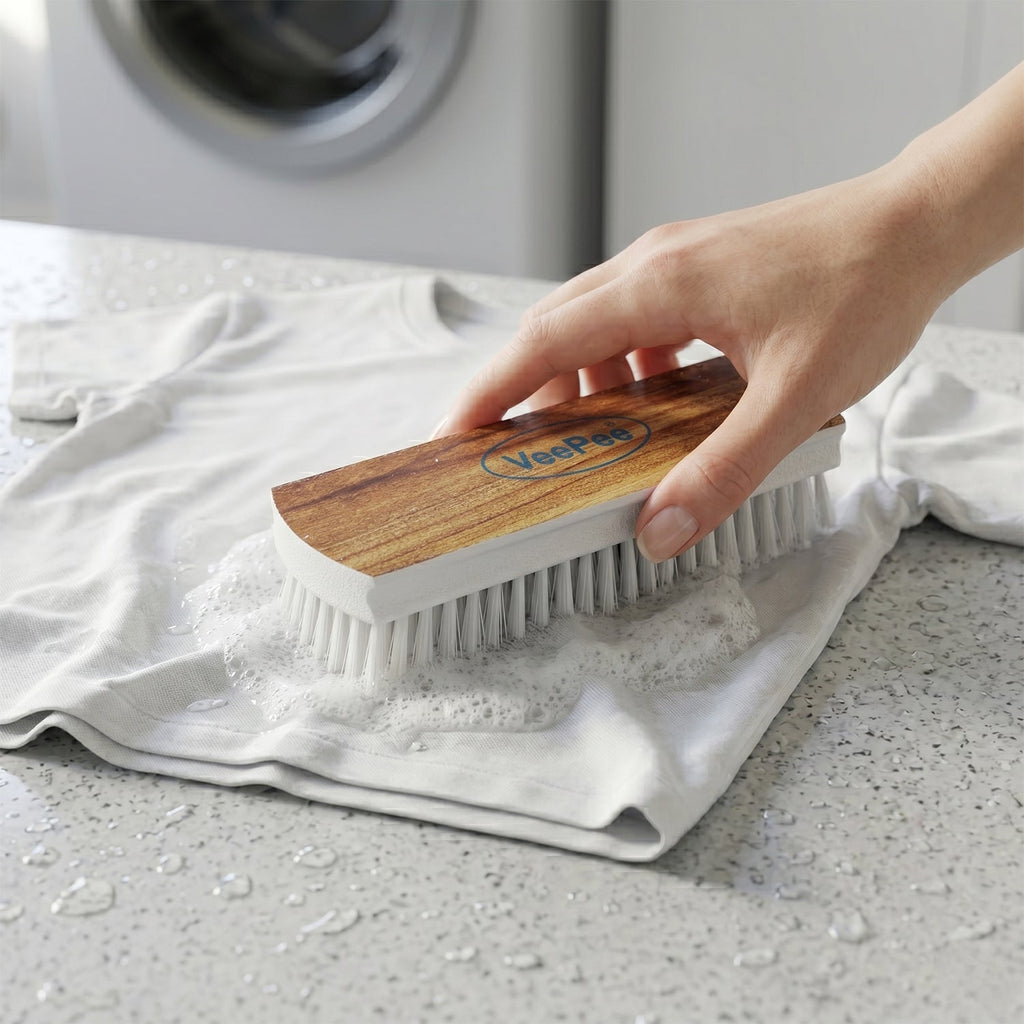 Clothes washing scrub brush with wooden handle and golden bristles