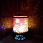 LED projector night light creating a starry sky ambiance in a dark room.