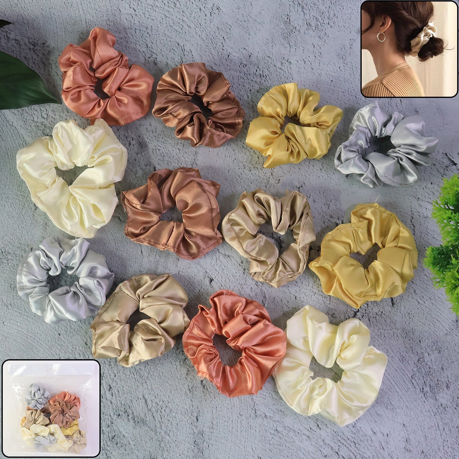 Set of 12 satin hair scrunchies in assorted pastel and neutral colors