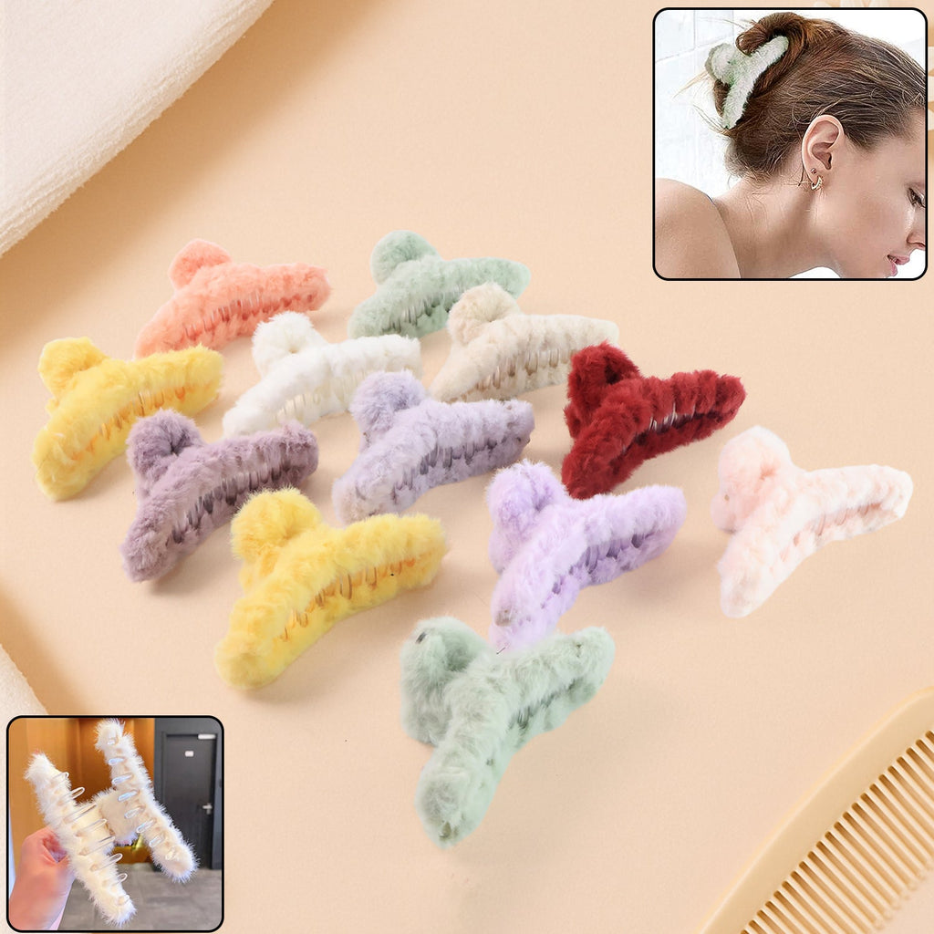 Set of 12 fur coated hair clutcher clips in assorted colours with soft grip