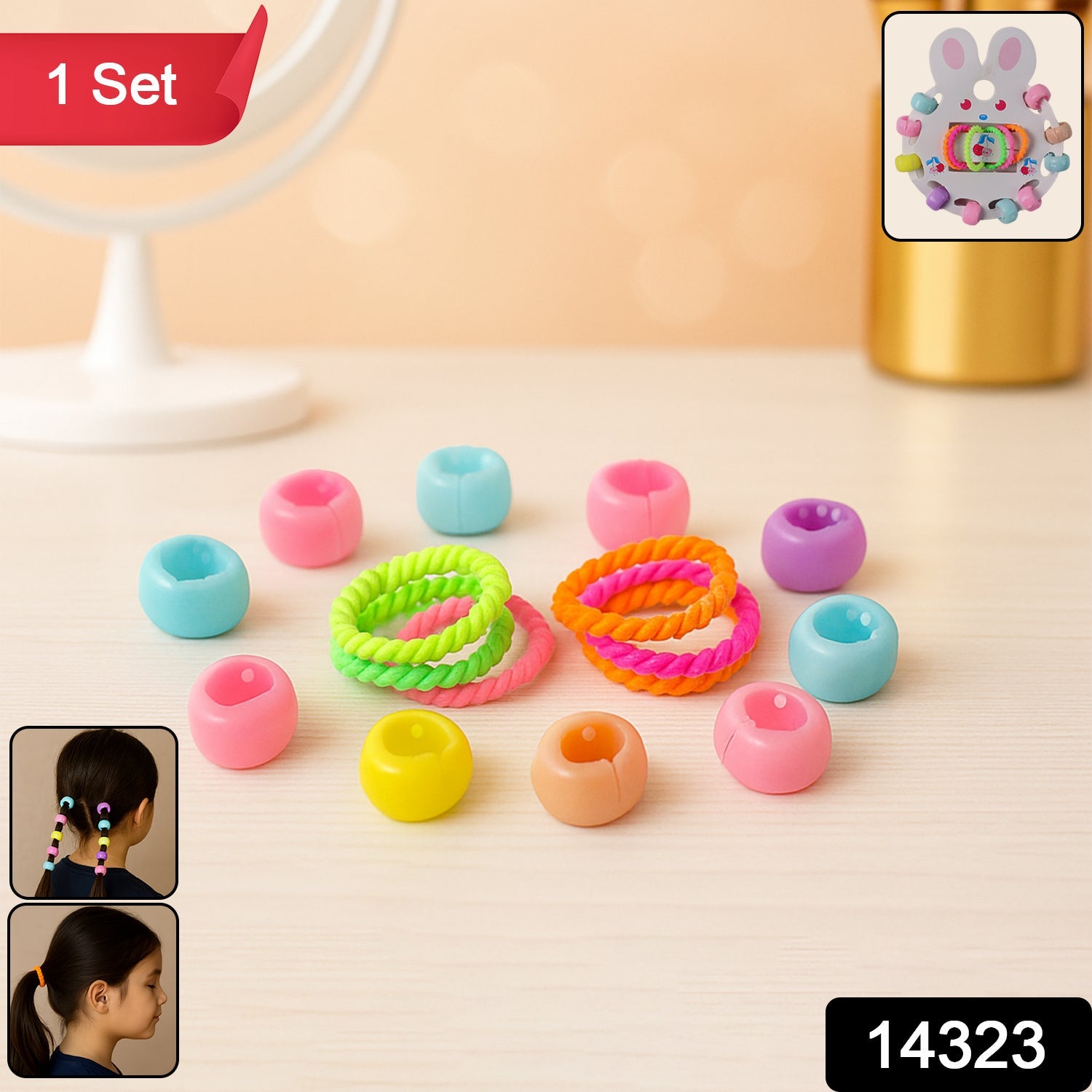 Close-up of pastel crown-shaped claw clips and soft elastic hairbands for girls