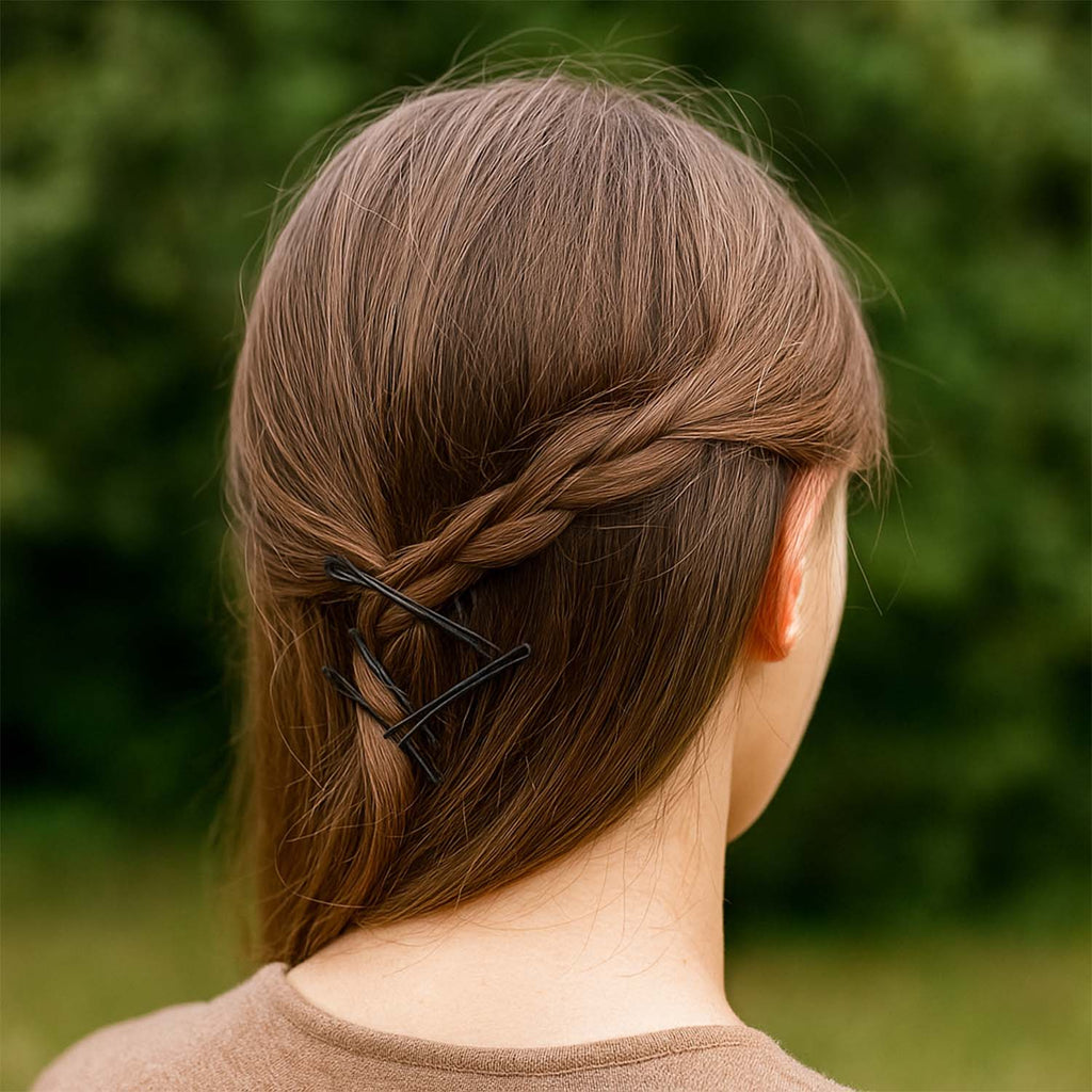 Black hair bobby pins presented neatly in set