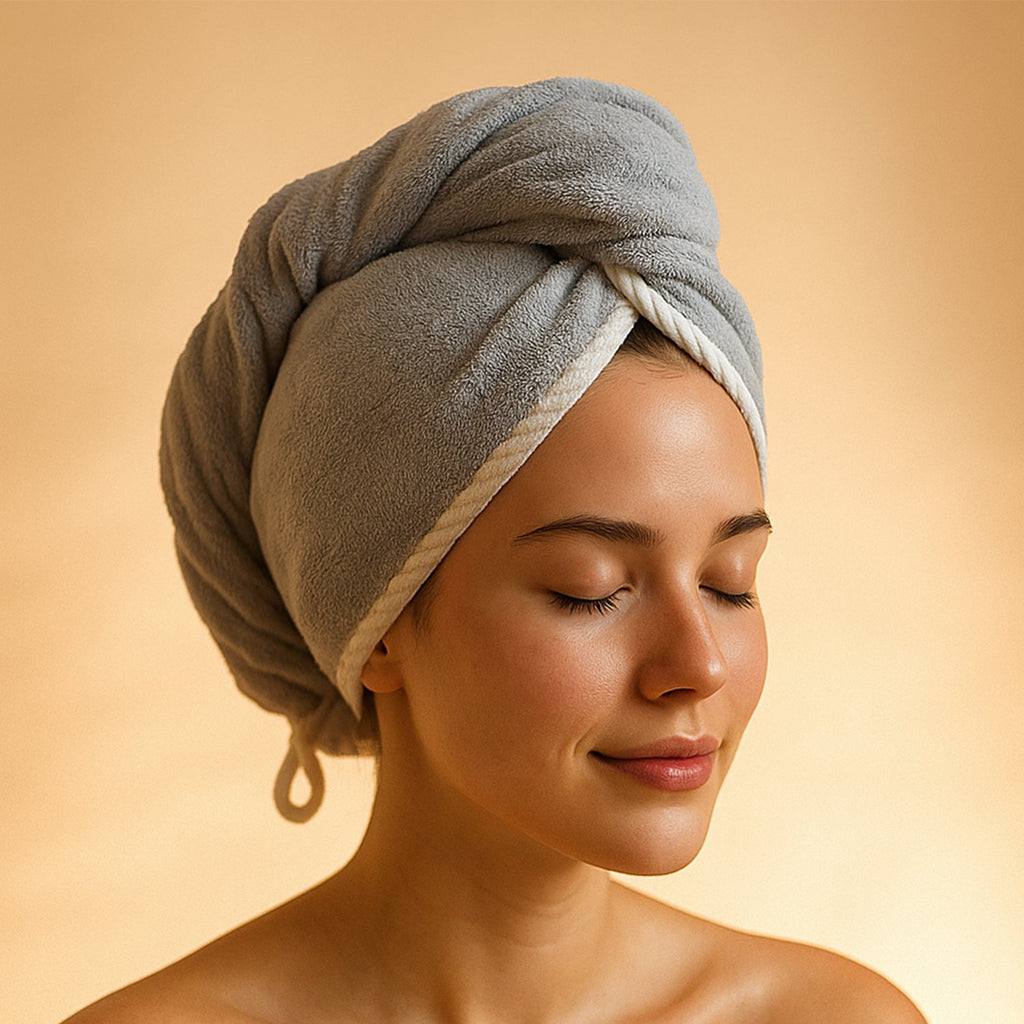 Angled view of the soft pink hair drying towel wrap for women.