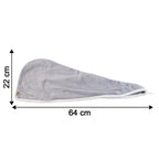 Size chart illustrating the dimensions of the hair drying towel wrap.