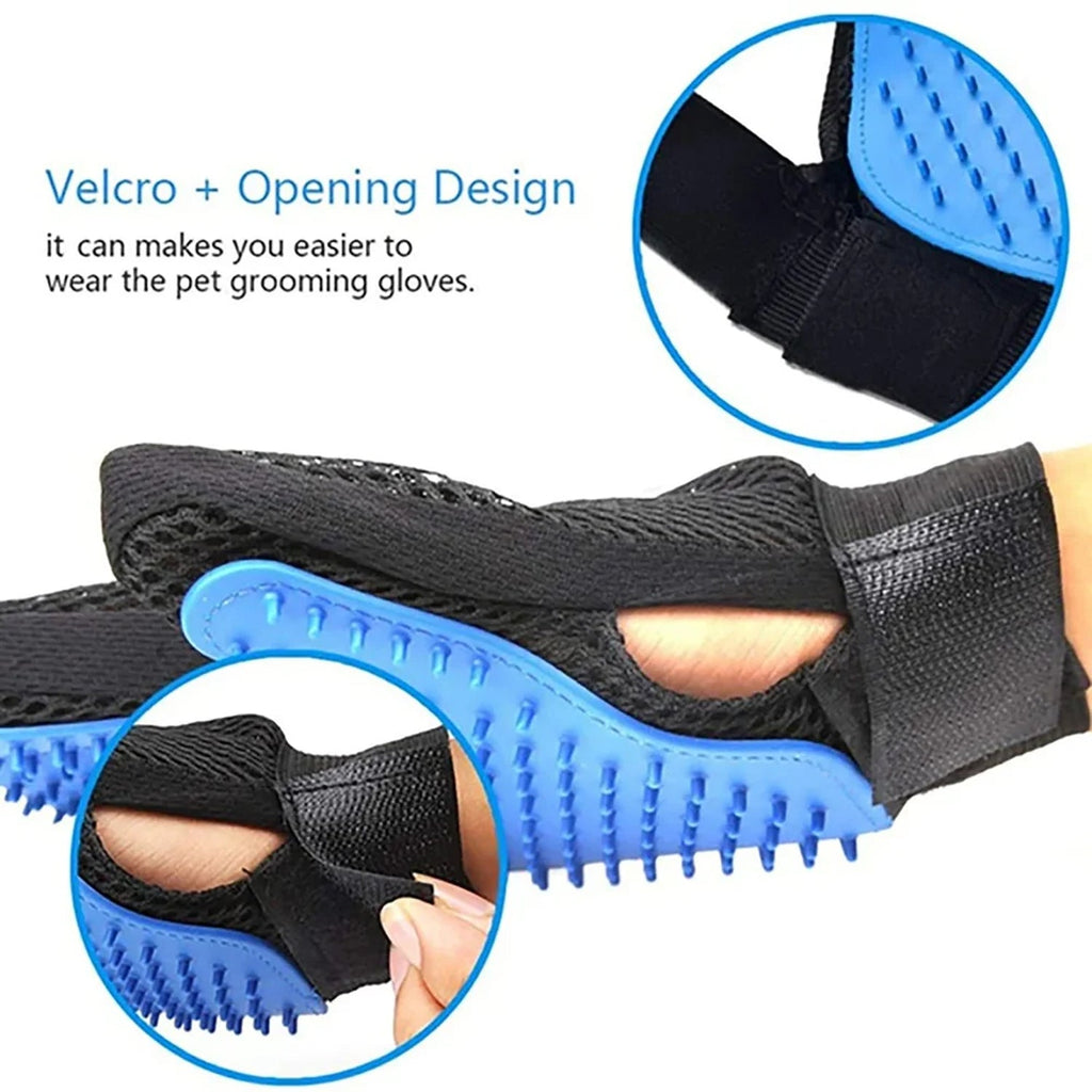 Angled view of the pet deshedding glove, highlighting its ergonomic design.