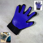 A five-finger pet deshedding glove with silicone tips, ready for grooming.