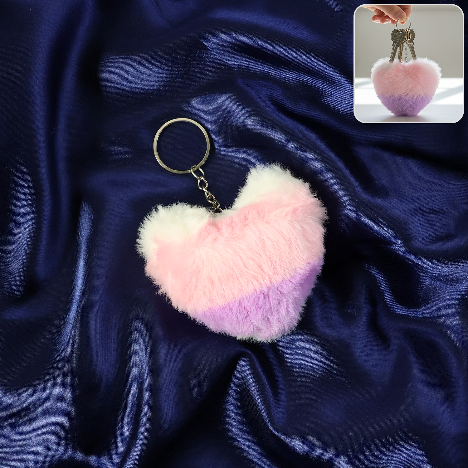 Pink and purple plush heart keychain with durable metal ring
