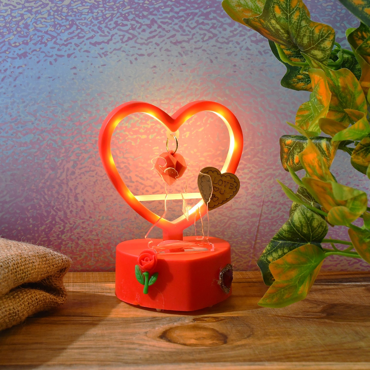 Compact romantic heart-shaped LED light portable for tabletops and shelves