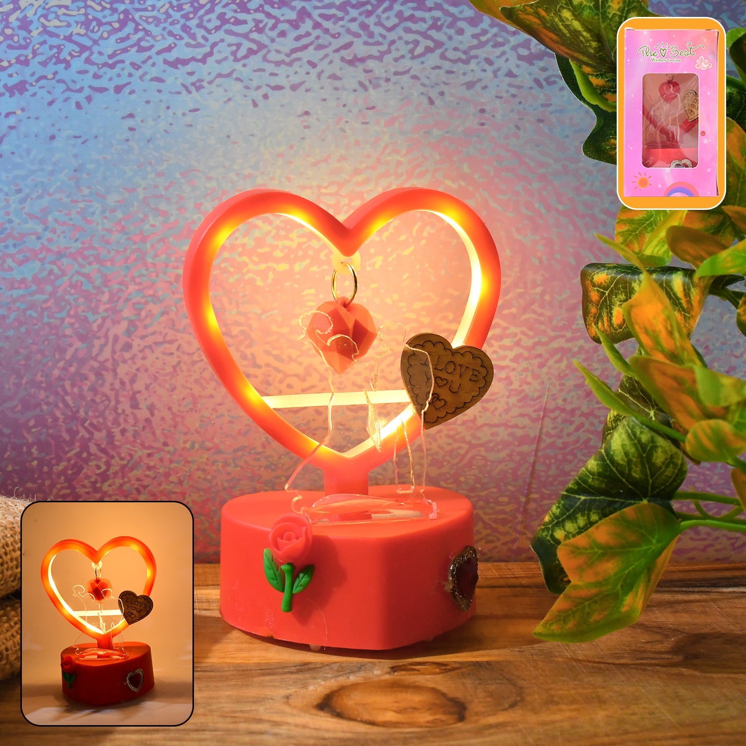 Romantic heart-shaped LED light showpiece with hanging decorative hearts and rose base