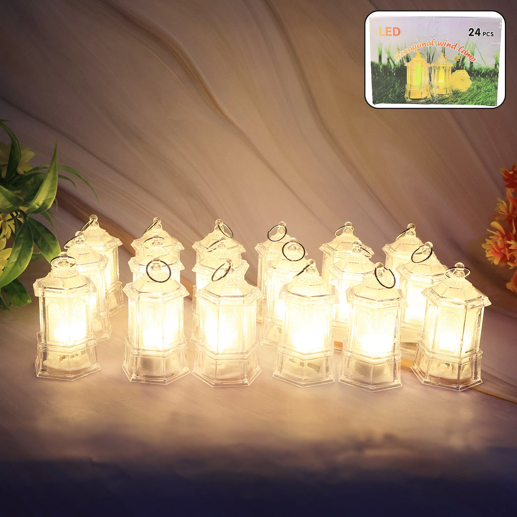 Set of 24 LED decorative hexagonal lantern lights emitting warm flickering glow