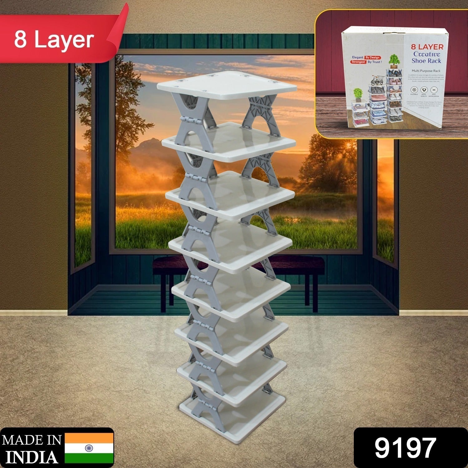 Adjustable 8-layer shoe shelf in a living space, perfect for organised footwear.