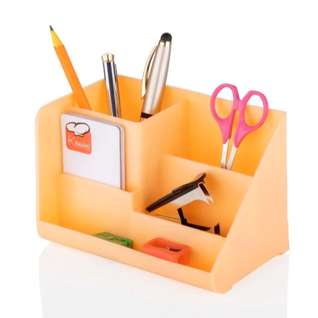 Top-down view of the desk organizer showcasing its various compartments.