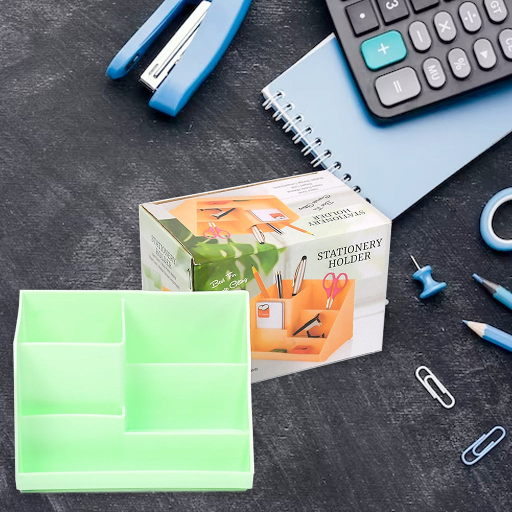 Side view of the compact stationery holder on a clean desk.