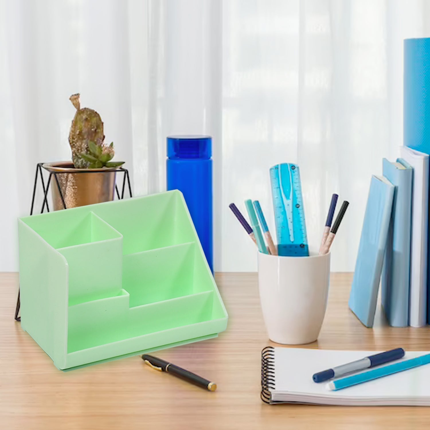 Desk organizer with its packaging, highlighting the product and brand.