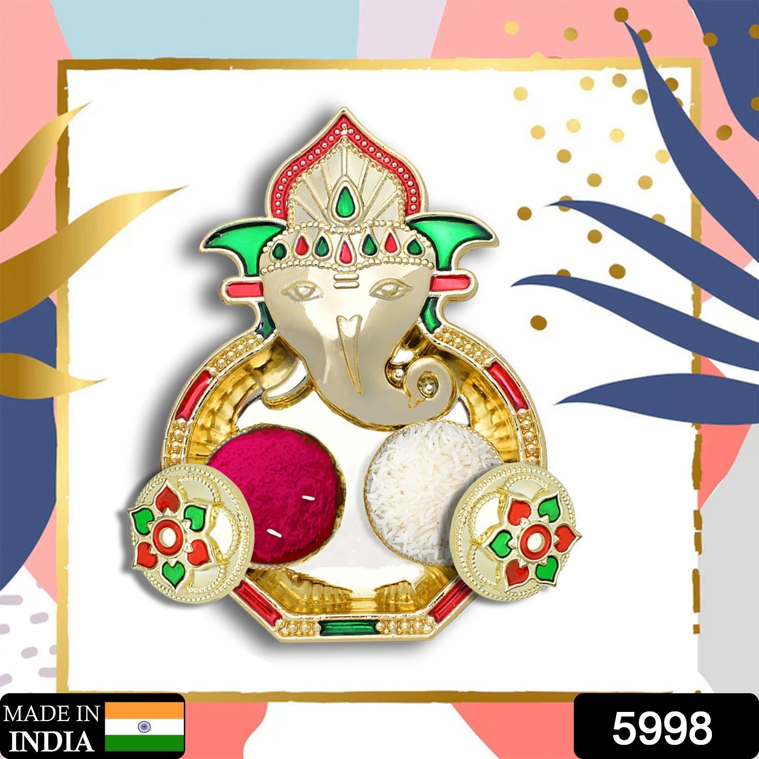 Decorative Puja Thali with small kumkum holders, ideal for festive celebrations.