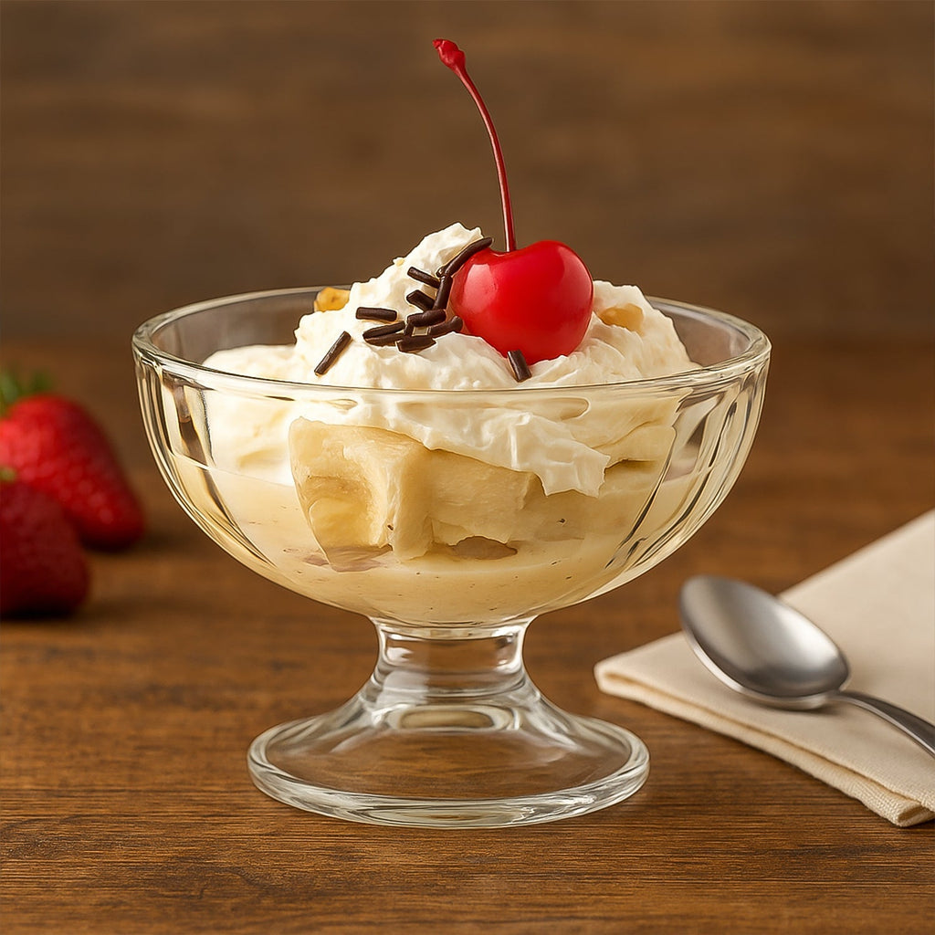 Classic footed glass bowl ideal for ice cream and chilled desserts