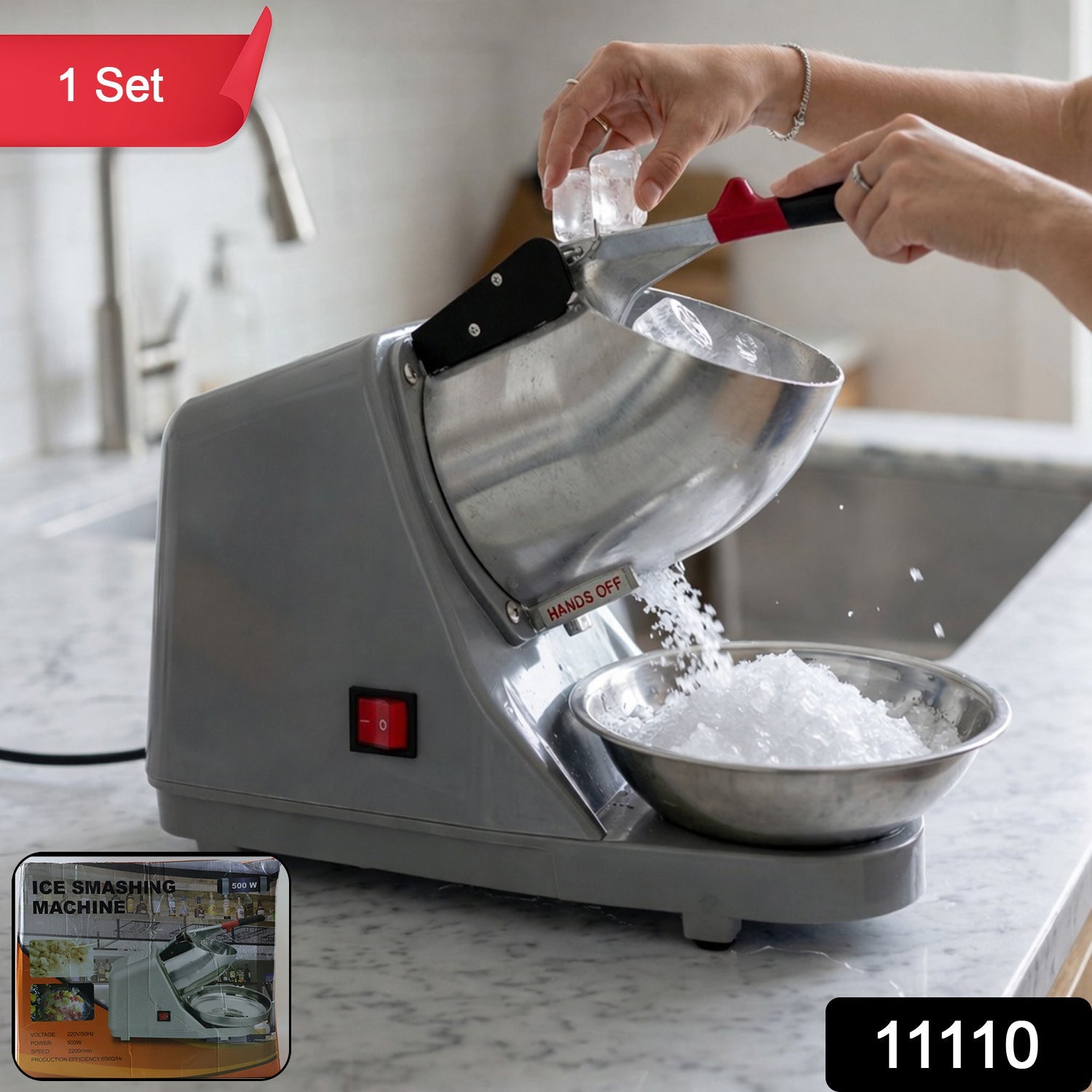 Close-up of stainless steel blades and bowl of ice crusher