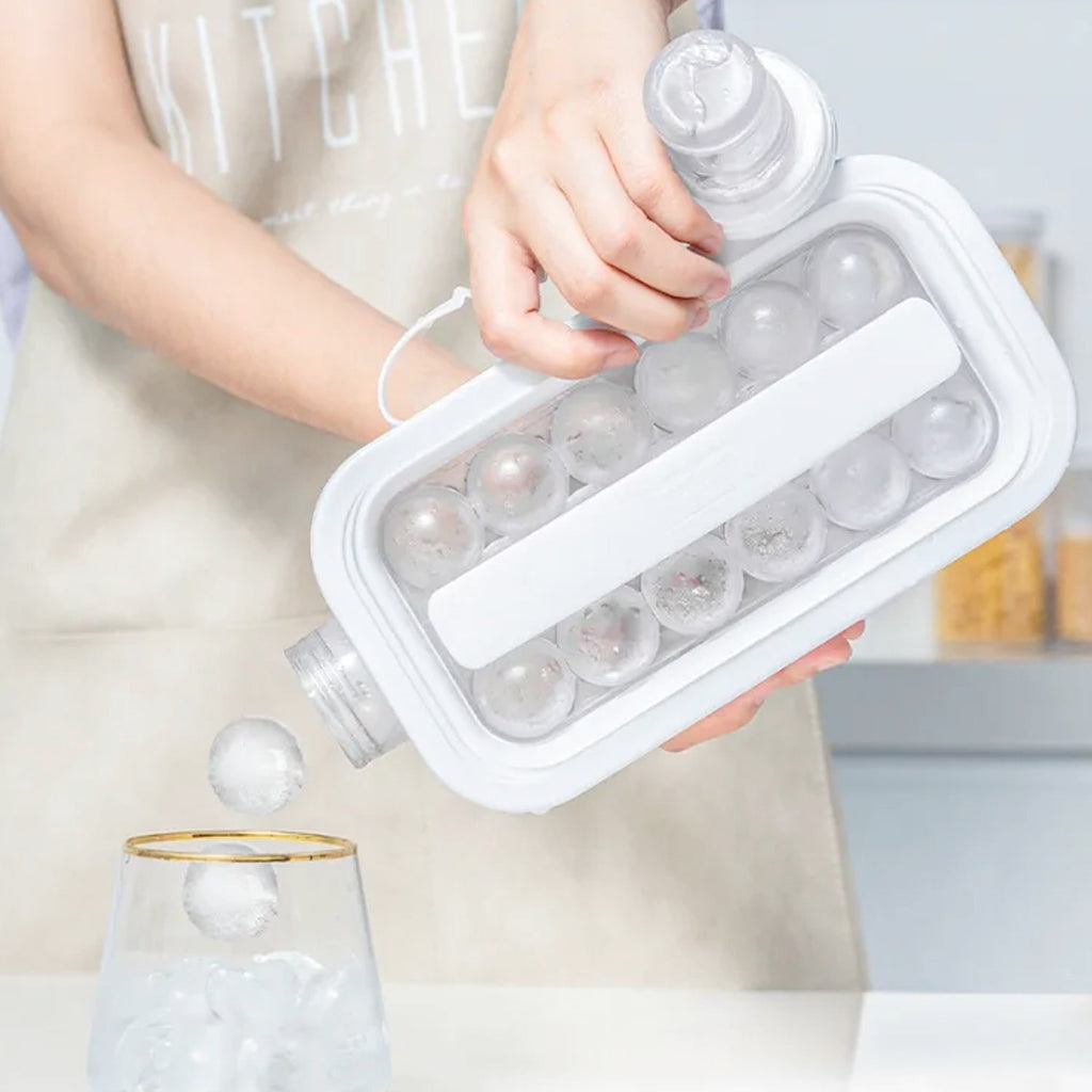 The foldable ice tray in its bottle form, filled with water and ready for freezing.