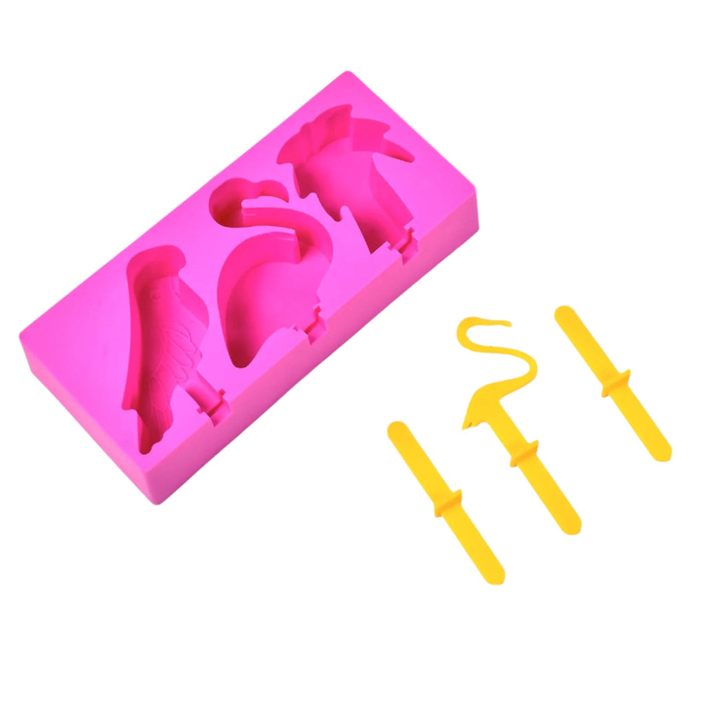 Bird-shaped ice candy molds in vibrant colors, perfect for fun frozen desserts.
