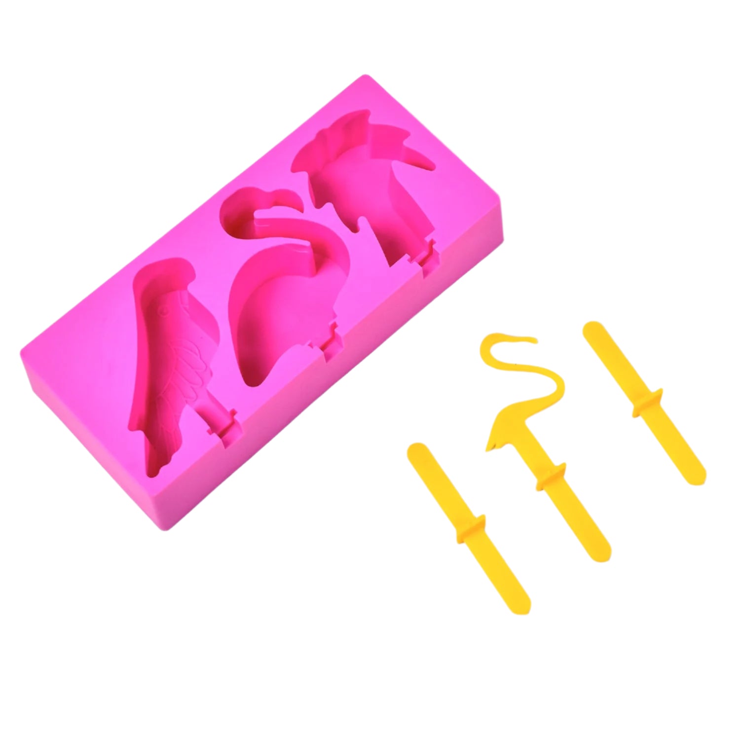 Bird-shaped ice candy molds in vibrant colors, perfect for fun frozen desserts.