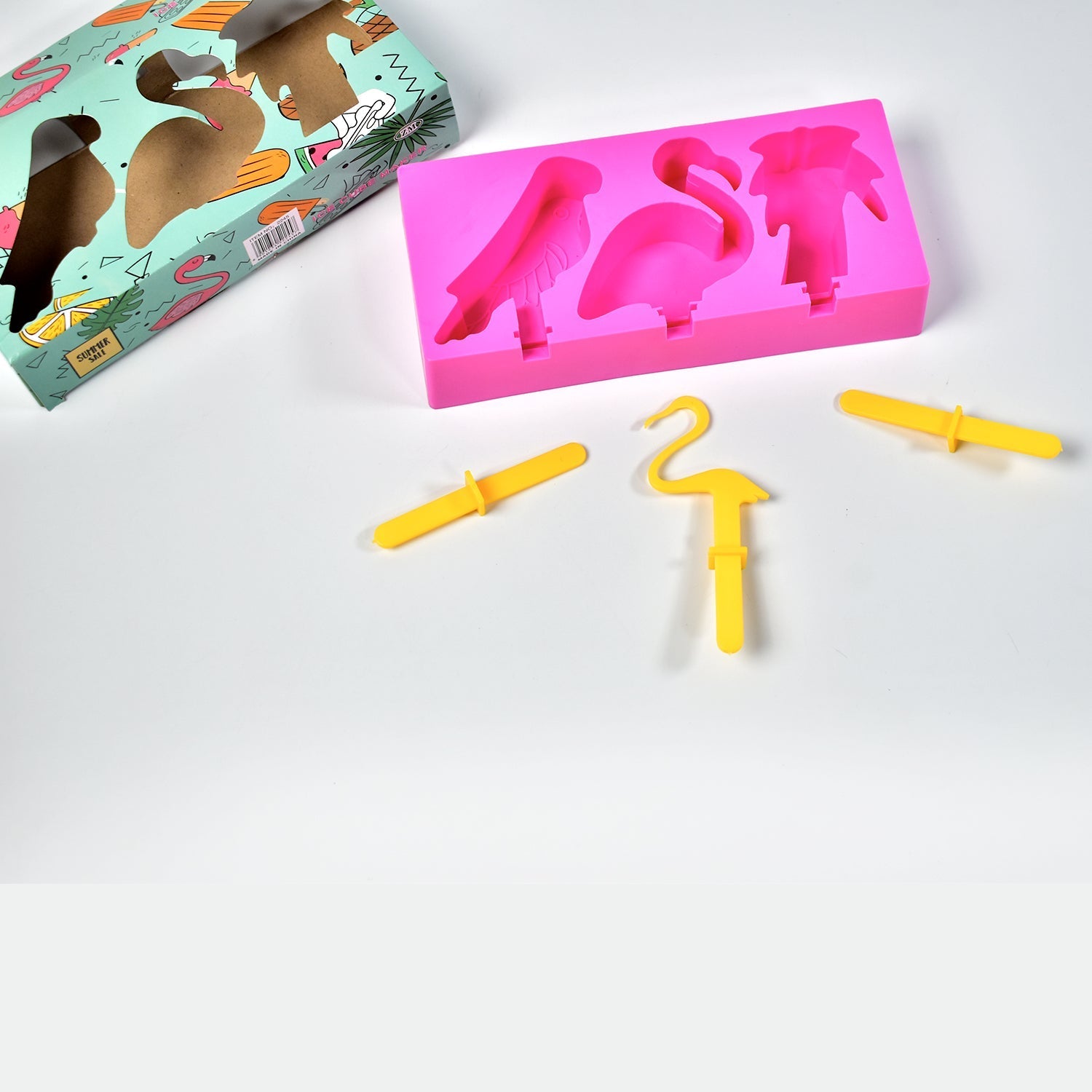 Assorted BPA-free ice pop molds in various fun shapes and bright colors.
