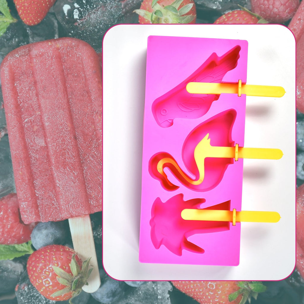 Multiple reusable ice molds on a tray, ready to be filled with juice or puree.