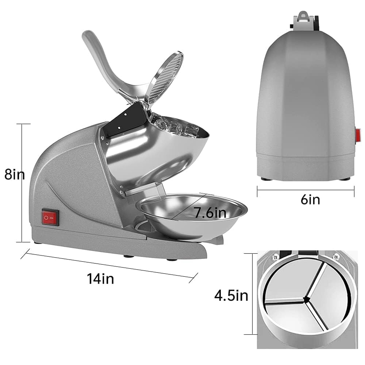Dimensions diagram of electric ice crusher with size details