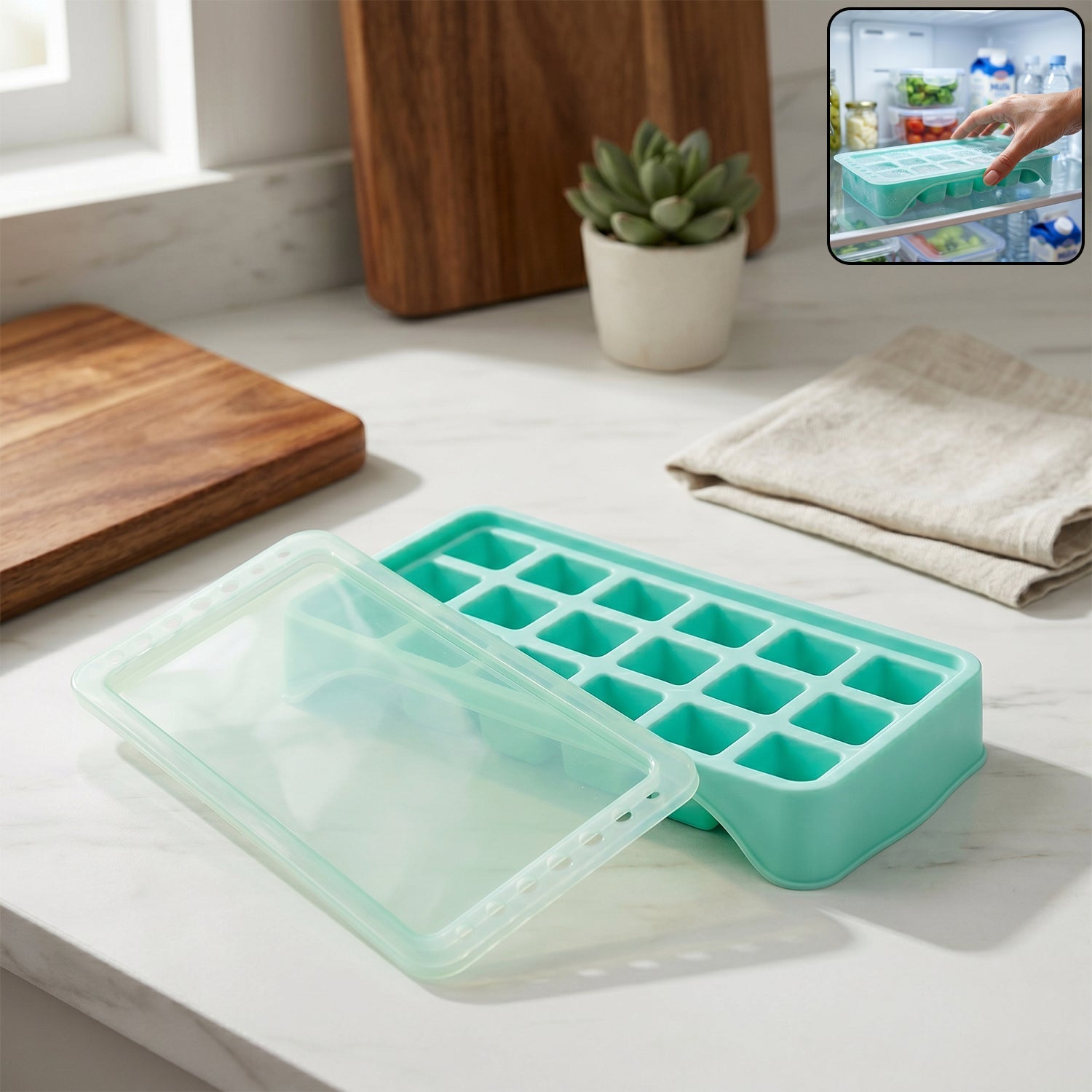 Premium 18-grid silicone pop-up ice tray with leak-proof lid