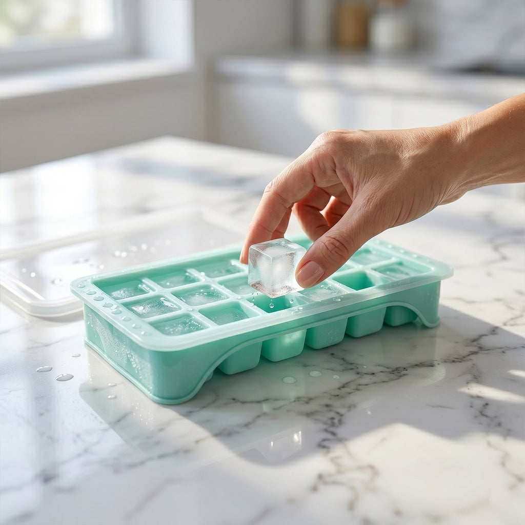 Plastic freezer ice tray with secure lid for hygienic freezing
