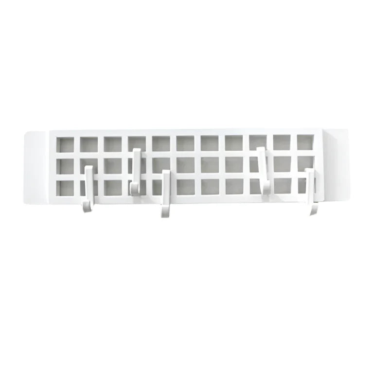 White plastic hanger hook displayed in a modern bathroom setting, holding towels.
