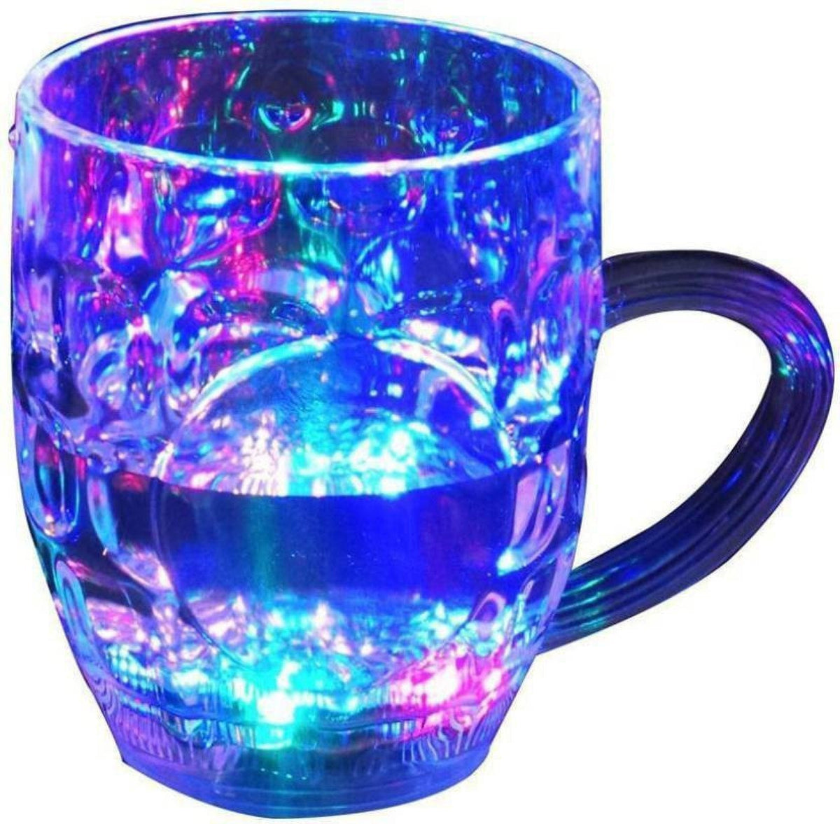 LED Glass Cup glowing with vibrant rainbow colours on a dark background.