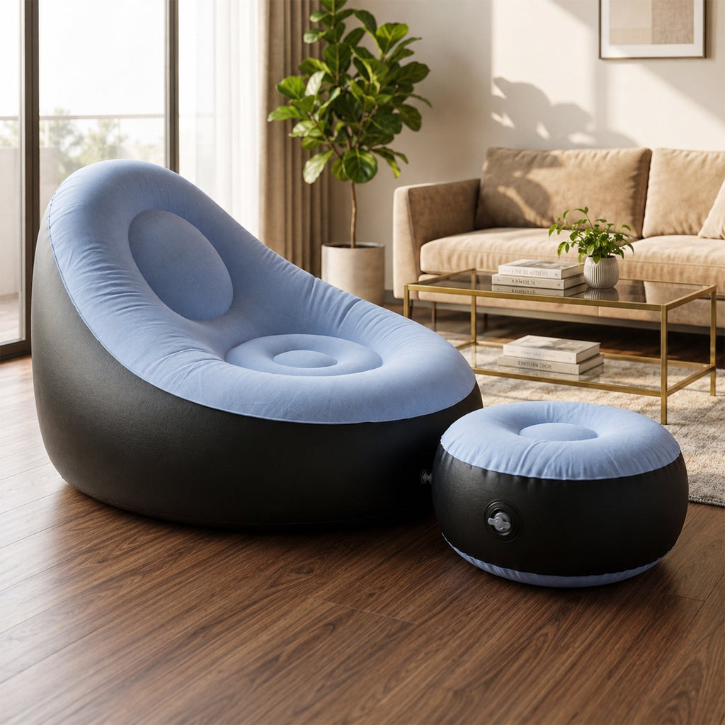 Inflatable sofa chair with footstool and pump set for outdoor use