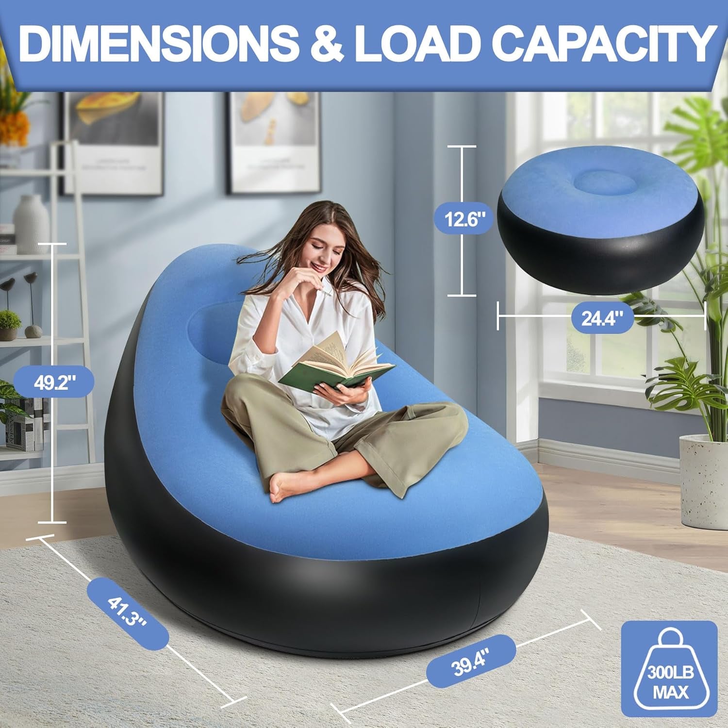 Size dimensions of inflatable sofa chair set, compact and portable