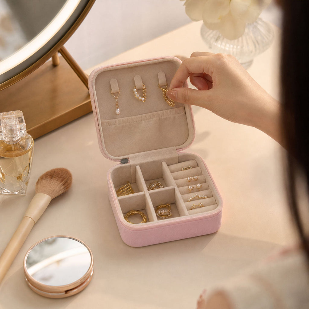 A sleek, closed LilyGleam Travel Jewellery Box from a different angle, ready for any journey.