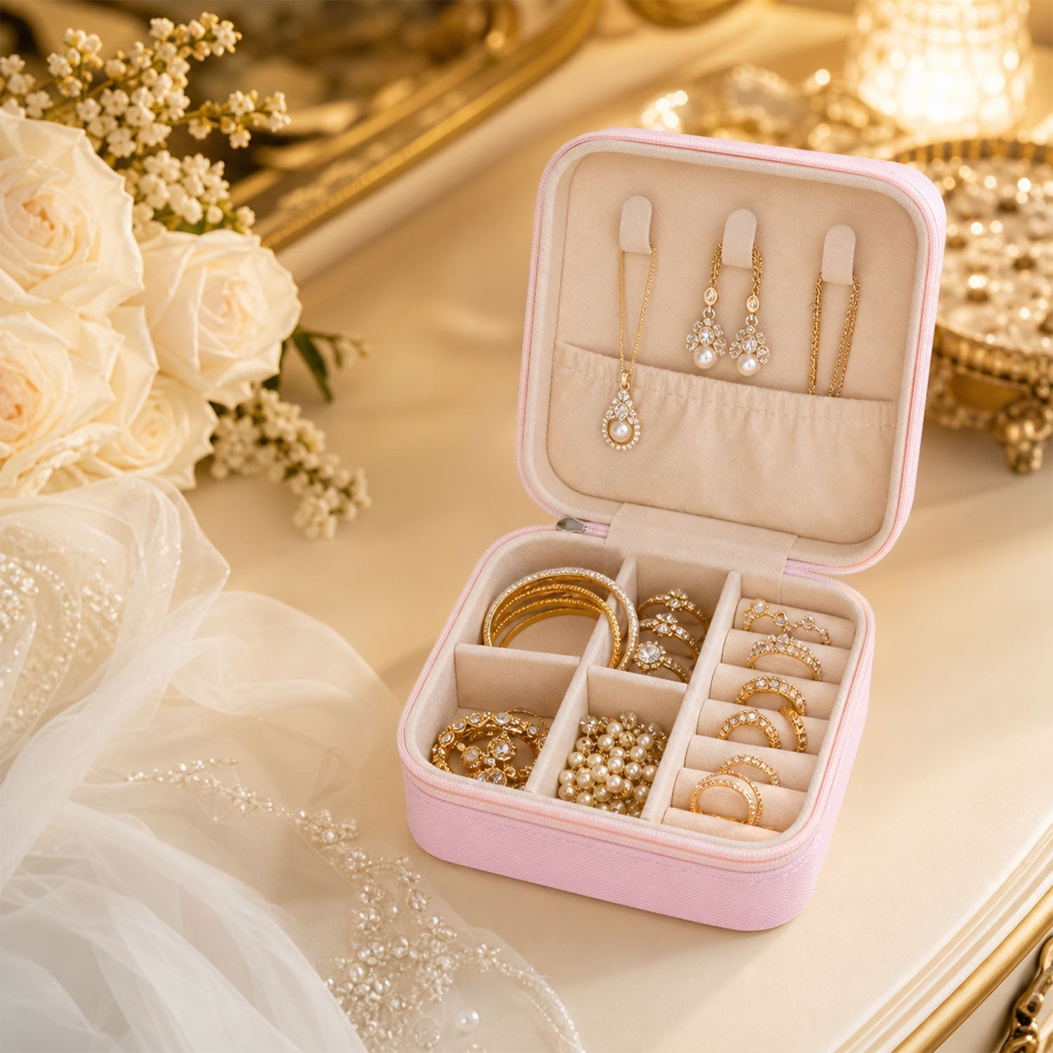 A compact PU leather jewellery organiser filled with rings and earrings, demonstrating its storage capacity.