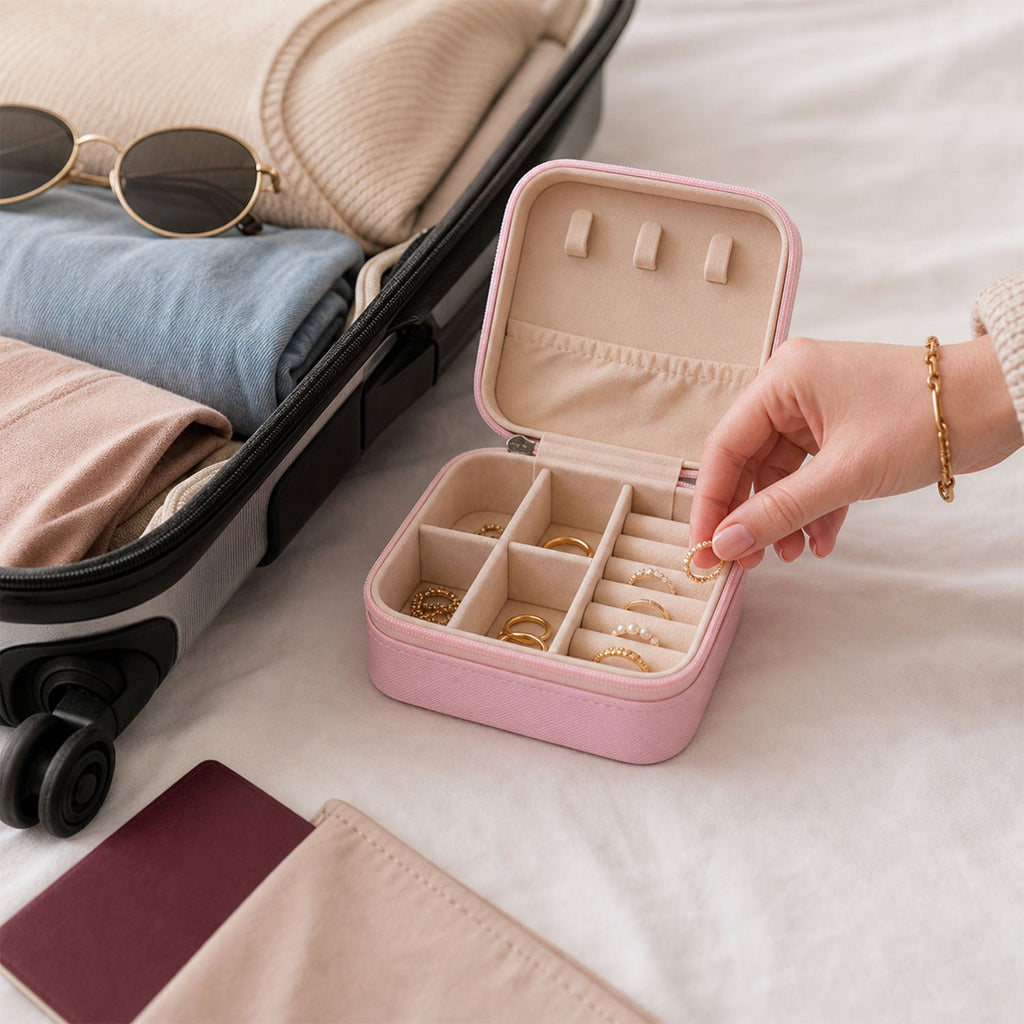 A hand holding the small pink travel jewellery box, highlighting its portable and palm-sized design.