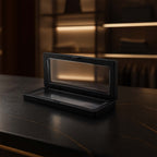 Full view of transparent floating jewelry display box 18x7 cm exemplifying lightweight design