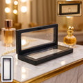 Transparent floating jewelry display box 18x7 cm holding rings showcasing 3D suspended effect