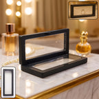 Transparent floating jewelry display box 18x7 cm holding rings showcasing 3D suspended effect