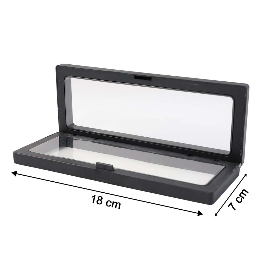 Side view of transparent floating jewelry display box 18x7 cm featuring black ABS frame