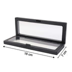 Side view of transparent floating jewelry display box 18x7 cm featuring black ABS frame