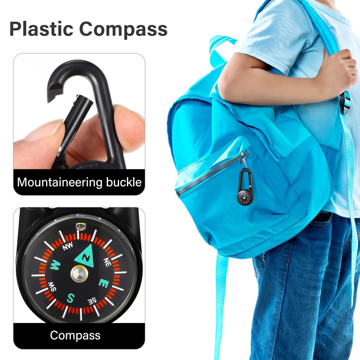 Multiple views of the mini compass with clip from different angles, showcasing its design.