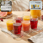 Glass serving set with six glasses and tray for home dining