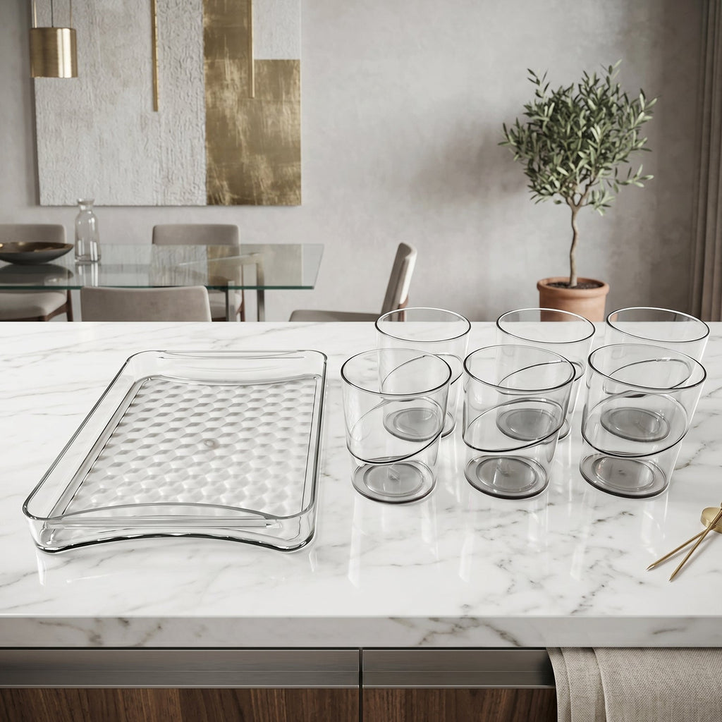 Set of six glasses and tray for home use