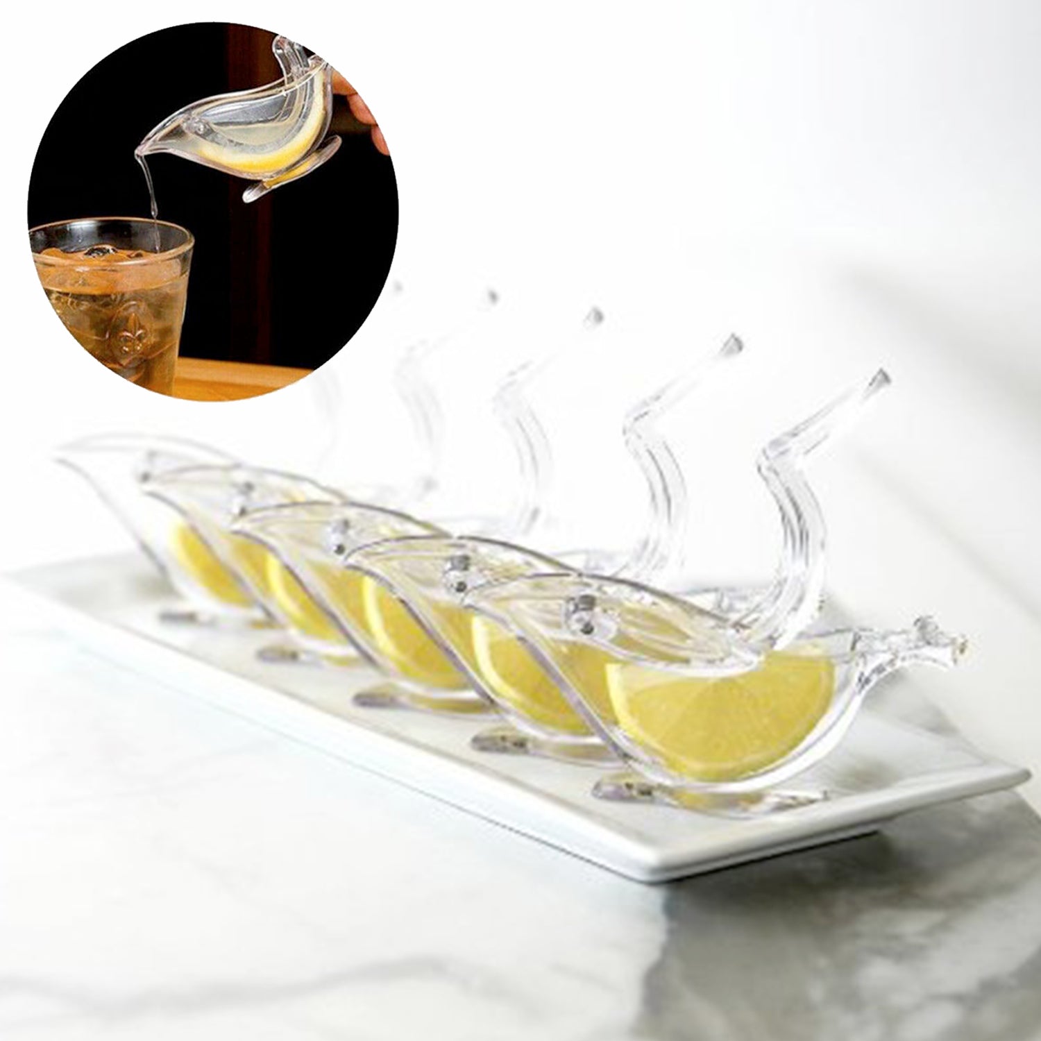 Stylish portable juicer ready for use with various citrus fruits.