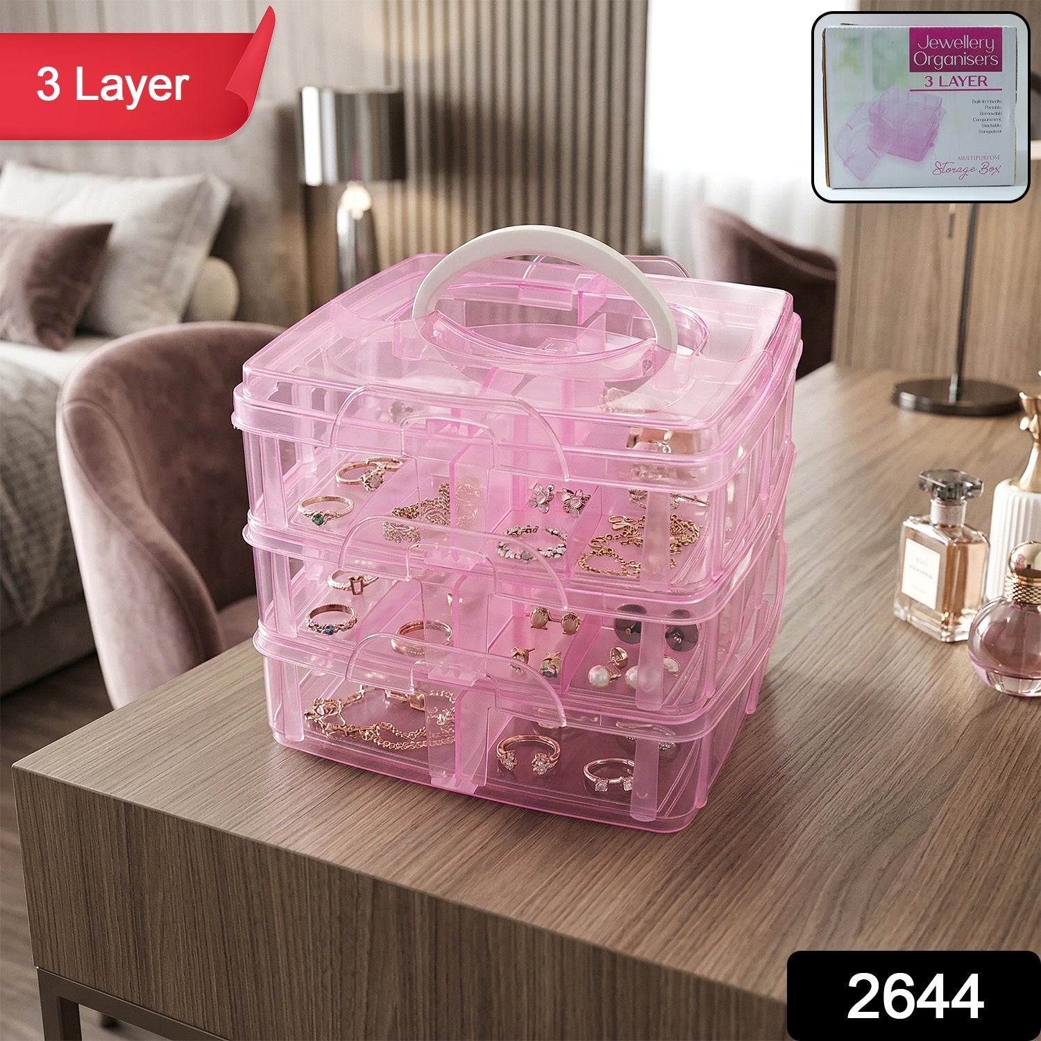 Open transparent craft storage box showing adjustable compartments for beads and jewelry