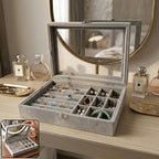 Velvet jewellery organizer box with transparent lid and multiple compartments for jewelry storage